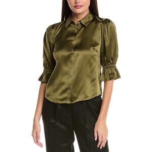 CINQ A SEPT Fiona Silk Puff-Sleeve Green Blouse